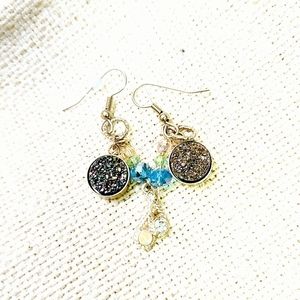 Handmade blue Druzy, Swarovski crystal bead earrin